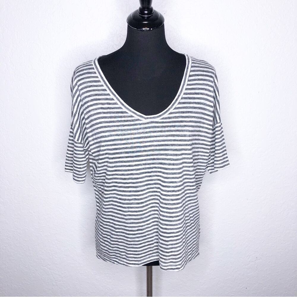 Fine gray white striped linen v neck top size XS / Small